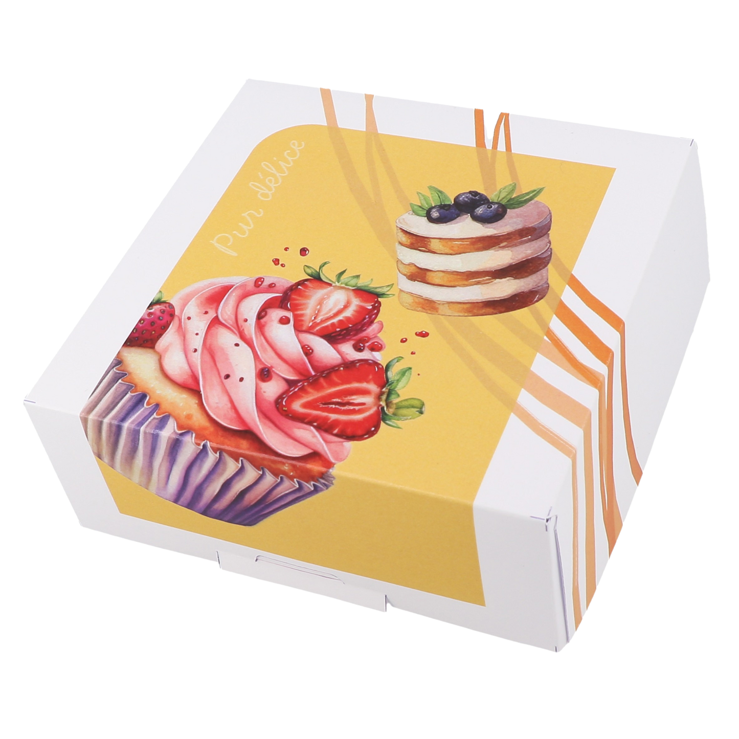 Boîte pâtissière Pur Délice décorée effet aquarelle, idéale pour présenter des gâteaux et pâtisseries
