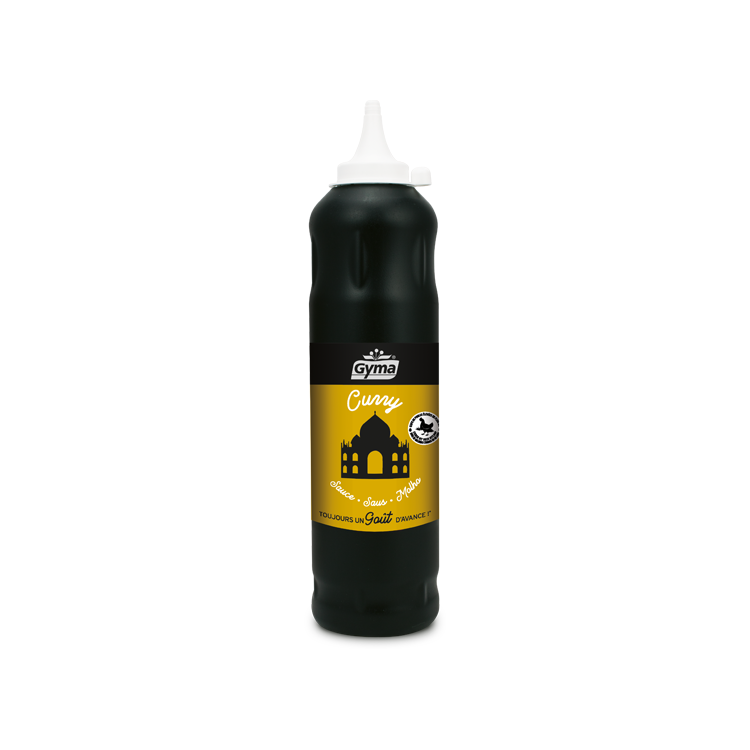 Bouteille de sauce curry, sauce onctueuse au goût doux et épicé pour viandes et plats exotiques.