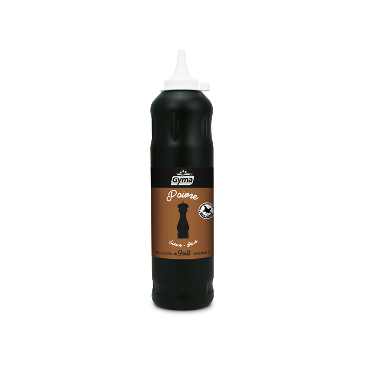 Bouteille de sauce poivre, condiment crémeux et relevé pour viandes et grillades.