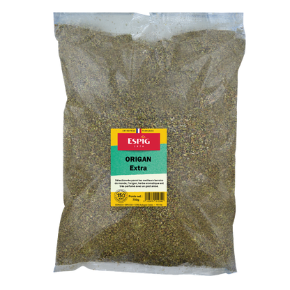 Origan séché en sachet pour assaisonnement et cuisine méditerranéenne.